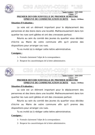Première page de Français 5e — 1er devoir surveillé, 1er semestre (2019-2020) · CEG ADJOVICODJI 'LES OLIVIERS'