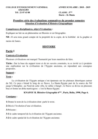 Première page de Histoire-Géographie 5e — 1re évaluation sommative, 1er semestre (2018-2019) · CEG ADJAGBO