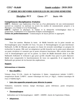 Première page de PCT 3e — 1er devoir surveillé, 2e semestre (2018-2019) · CEG1 Kalalé