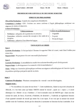 Première page de Philosophie Tle B — 1er devoir surveillé, 2e semestre (2019-2020) · CEG ADJOVICODJI 'LES OLIVIERS'