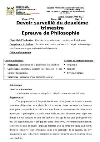 Première page de Philosophie 2nde A2, 2nde B, 2nde D, 1ère A2, 1ère B, 1ère D, Tle A2, Tle B, Tle D — 1er devoir surveillé, 2e trimestre (2021-2022) · CPEG AGBOZO MEGBEDJI