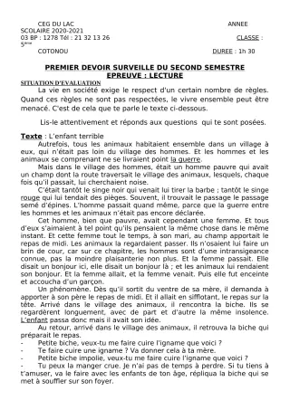 Première page de Français 5e — 1er devoir surveillé, 2e semestre (2020-2021) · CEG du Lac