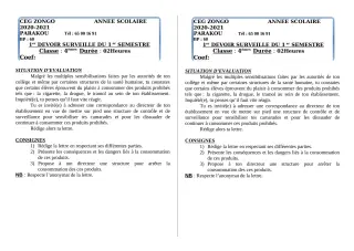 Première page de Français 6e, 5e, 4e, 3e, 3e ML — 1er devoir surveillé, 1er semestre (2020-2021) · CEG ZONGO