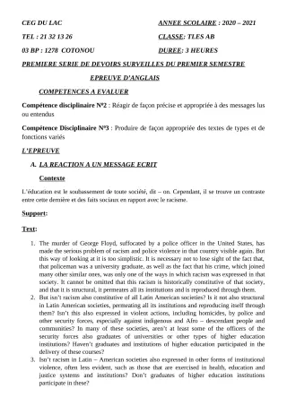 Première page de Anglais Tle A2, Tle B — 1er devoir surveillé, 1er semestre (2020-2021) · CEG du Lac