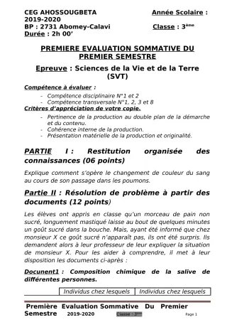 Première page de SVT 3e, 3e ML — 1re évaluation sommative, 1er semestre (2019-2020) · CEG Ahossougbéta