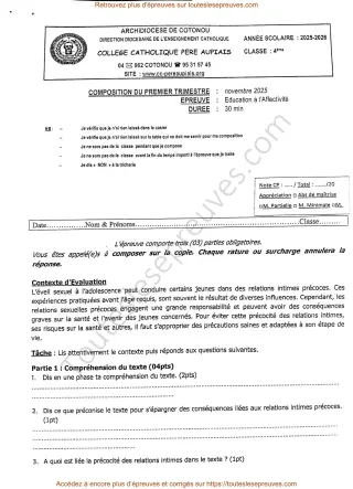 Première page de Éducation à l’Affectivité 4e – Composition du 1er trimestre 2025-2026 – Relations intimes précoces, conséquences et précautions – Collège Catholique Père Aupiais