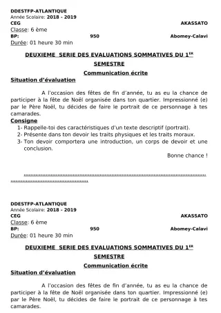 Première page de Histoire-Géographie 6e, 5e, 4e ML&MC, 3e, 3e ML, 2nde A & B, 2nde C, 2nde D, 1ère A, 1ère B, 1ère C, 1ère D, Tle A1, Tle A2, Tle B, Tle C, Tle D — 2e évaluation sommative, 1er semestre (2018-2019) · C