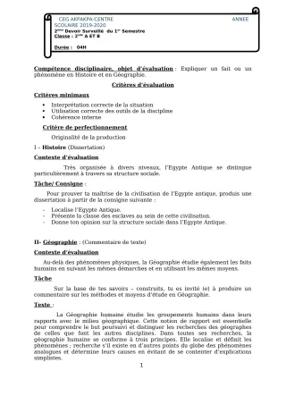 Première page de Histoire-Géographie 2nde A1, 2nde A2, 2nde B — 2e devoir surveillé, 1er semestre (2019-2020) · CEG 1 Akpakpa-Centre