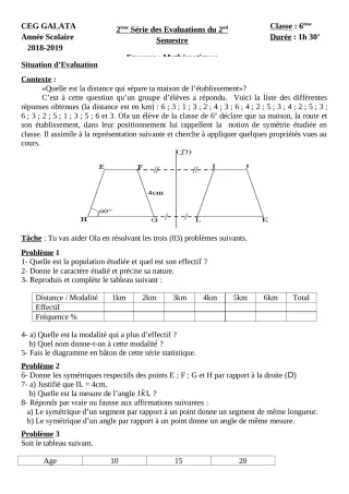 Première page de Mathématiques 6e, 5e, 4e, 4e ML, 3e, 3e ML — 2e évaluation sommative, 2e semestre (2018-2019) · CEG Galata
