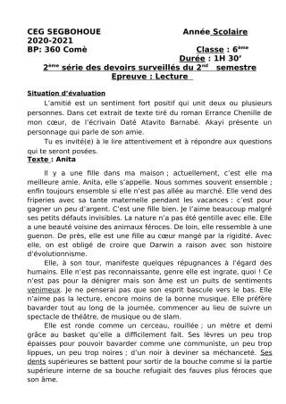 Première page de Français 6e, 5e, 4e, 4e ML, 3e, 3e ML, 2nde A & B, 2nde D, 1ère A & B, 1ère D, Tle A & B, Tle D — 2e devoir surveillé, 2e semestre (2020-2021) · CEG SEGBOHOUE