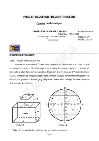 Première page de Mathématiques 6e — 1er devoir surveillé, 1er trimestre (2019-2020) · CPEG MARIA GRACIA