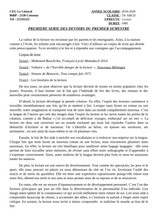 Première page de Français 6e, 5e, 4e, 4e ML, 3e, 3e ML, 2nde A, 2nde A & B, 2nde A1, 2nde A2, 2nde B, 2nde C, 2nde D — 1er devoir surveillé, 1er semestre (2019-2020) · CEG Le Littoral