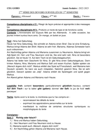 Première page de Allemand 4e, 4e ML — 2e devoir surveillé, 2e semestre (2022-2023) · CEG GOHO