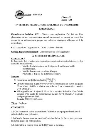 Première page de PCT 6e, 5e, 4e, 3e — 1re production scolaire, 1er semestre (2019-2020) · CEG II EKPE