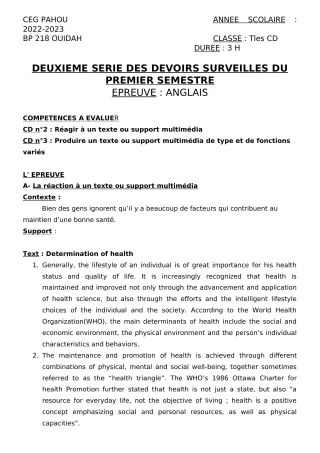 Première page de Anglais Tle C, Tle D — 2e devoir surveillé, 1er semestre (2022-2023) · CEG PAHOU