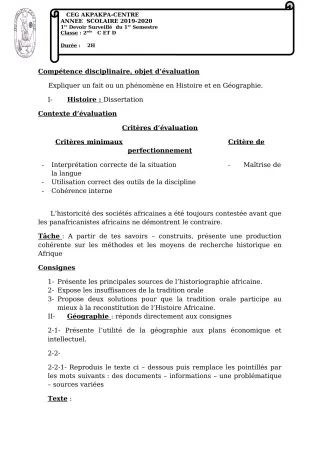 Première page de Histoire-Géographie 2nde C, 2nde D — 1er devoir surveillé, 1er semestre (2019-2020) · CEG 1 Akpakpa-Centre