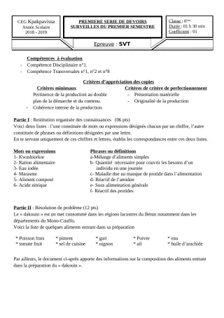 Première page de SVT 6e, 5e, 4e ML&MC, 3e, 3e ML — 1er devoir surveillé, 1er semestre (2018-2019) · CEG Kpakpavissa