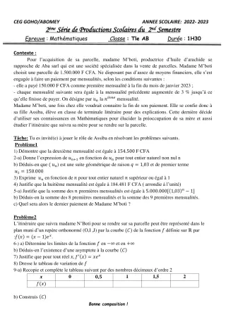Première page de Mathématiques Tle A & B — 2e production scolaire, 2e semestre (2022-2023) · CEG GOHO