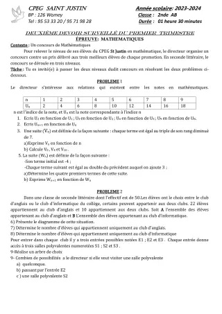 Première page de Mathématiques 2nde A2, 2nde B — 2e devoir surveillé, 1er trimestre (2023-2024) · CPEG SAINT Justin