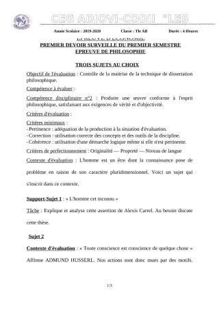 Première page de Philosophie Tle B — 1er devoir surveillé, 1er semestre (2019-2020) · CEG ADJOVICODJI 'LES OLIVIERS'