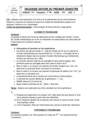 Première page de PCT 3e — 2e devoir surveillé, 1er semestre (2020-2021) · CEG 2 Djougou
