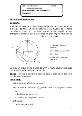 Première page de Mathématiques 3e — 2e évaluation sommative, 1er semestre (2022-2023) · CEG2 ABOMEY - CALAVI (CEG ZOCA)