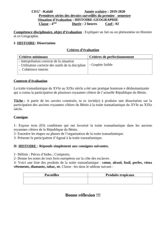 Première page de Histoire-Géographie 4e, 4e ML — Devoir surveillé, 1er semestre (2019-2020) · CEG1 Kalalé