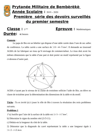 Première page de Mathématiques 3e — 1er devoir surveillé, 1er semestre (2019-2020) · PMB
