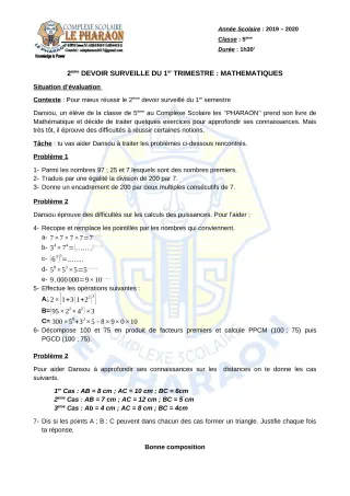 Première page de Mathématiques 5e — 2e devoir surveillé, 1er trimestre (2019-2020) · CPEG LE PHARAON