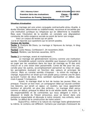 Première page de Français Tle B — 1re évaluation sommative, 1er semestre (2022-2023) · CEG2 ABOMEY - CALAVI (CEG ZOCA)