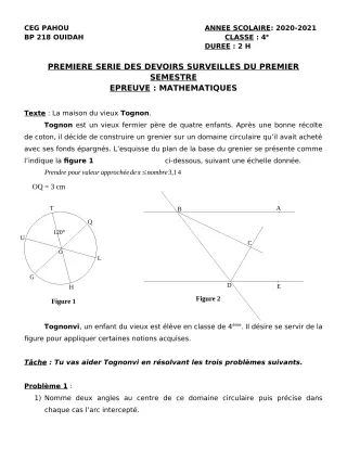 Première page de Mathématiques 4e — 1er devoir surveillé, 1er semestre (2020-2021) · CEG PAHOU