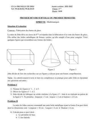 Première page de Mathématiques 6e, 5e, 4e, 4e ML, 3e, 3e ML — 1er devoir surveillé, 1er trimestre (2021-2022) · CEPG La Prunelle de Dieu