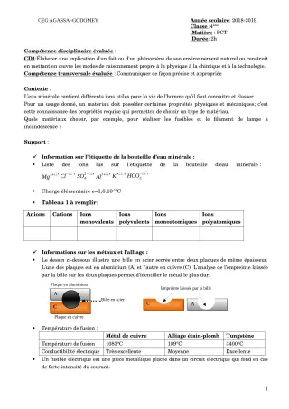 Première page de Devoir surveillé de FRANCAIS — 4e — CEG Agassa Godomey (2018)