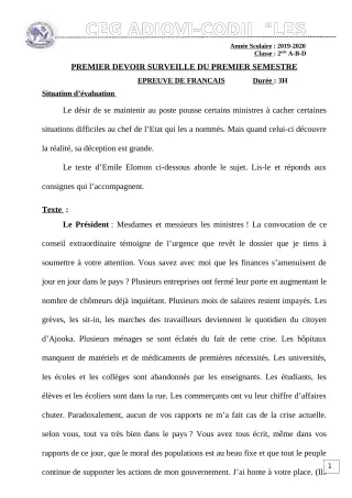 Première page de Français 2nde B — 1er devoir surveillé, 1er semestre (2019-2020) · CEG ADJOVICODJI 'LES OLIVIERS'