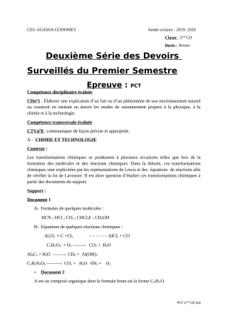 Première page de PCT 2nde C, 2nde D — 2e devoir surveillé, 1er semestre (2019-2020) · CEG Agassa Godomey