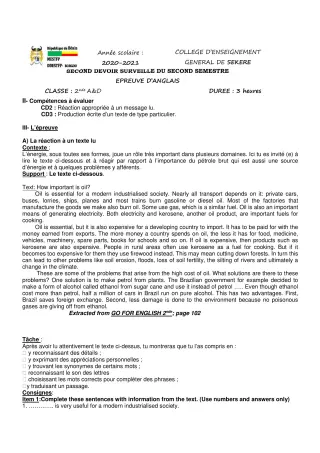 Première page de Anglais 2nde A2, 2nde D — 2e devoir surveillé, 2e semestre (2020-2021) · CEG SEKERE