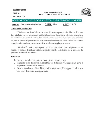 Première page de Français 6e — 2e devoir surveillé, 2e semestre (2018-2019) · CEG Les Pylônes