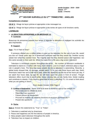 Première page de Anglais 4e — 2e devoir surveillé, 2e trimestre (2019-2020) · CPEG LE PHARAON