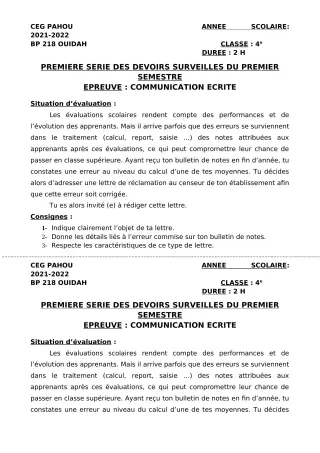 Première page de Français 4e — 1er devoir surveillé, 1er semestre (2021-2022) · CEG PAHOU