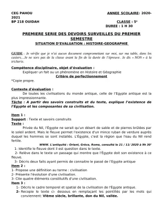 Première page de Histoire-Géographie 5e — 1er devoir surveillé, 1er semestre (2020-2021) · CEG PAHOU