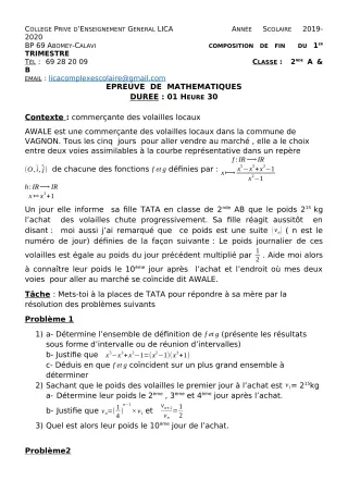 Première page de Mathématiques 2nde A2, 2nde B — Composition, 1er trimestre (2019-2020) · CPEG LICA