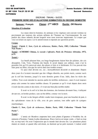 Première page de Français 1ère A, 1ère A1, 1ère A2, 1ère B, 1ère C, 1ère D — 1re évaluation sommative, 2e semestre (2019-2020) · CEG Dantokpa