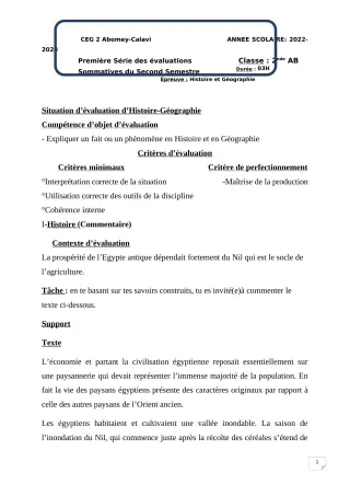 Première page de Histoire-Géographie 2nde A & B — 1re évaluation sommative, 2e semestre (2022-2023) · CEG2 ABOMEY - CALAVI (CEG ZOCA)