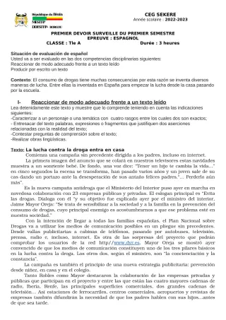 Première page de Espagnol Tle A2 — 1er devoir surveillé, 1er semestre (2022-2023) · CEG SEKERE