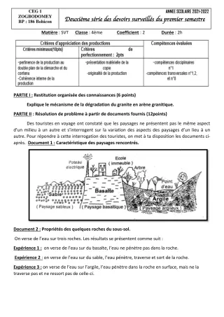 Première page de SVT 4e — 2e devoir surveillé, 1er semestre (2021-2022) · CEG 1 ZOGBODOMEY