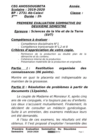 Première page de SVT 3e, 3e ML — 1re évaluation sommative, 2e semestre (2019-2020) · CEG Ahossougbéta