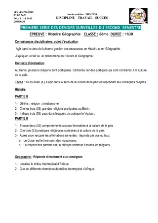 Première page de Histoire-Géographie 6e, 5e, 4e, 4e ML, 3e, 3e ML, 2nde A & B, 2nde A1, 2nde A2, 2nde B, 2nde C, 2nde D, 1ère A1, 1ère A2, 1ère B, 1ère C, 1ère D, Tle A1, Tle A2, Tle B, Tle C, Tle D — 1er devoir surve