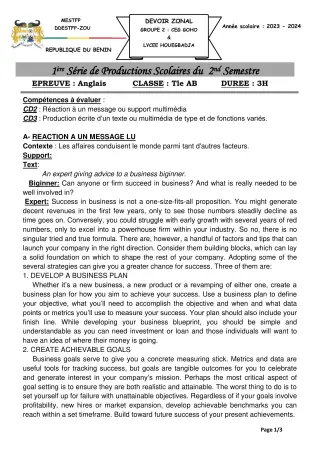 Première page de Anglais Tle A & B — 1re production scolaire, 2e semestre (2023-2024) · CEG GOHO