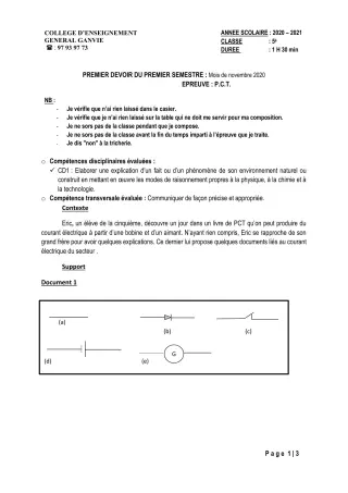 Première page de PCT 5e — Composition, 1er semestre (2020-2021) · CEG Ganvié