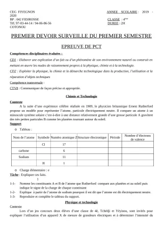Première page de PCT 4e ML — 1er devoir surveillé, 1er semestre (2019-2020) · CEG FIYEGNON